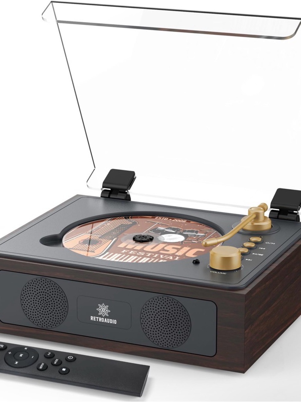 RetroAudio Turntable Record Player in Dark Wood with Gold Accents